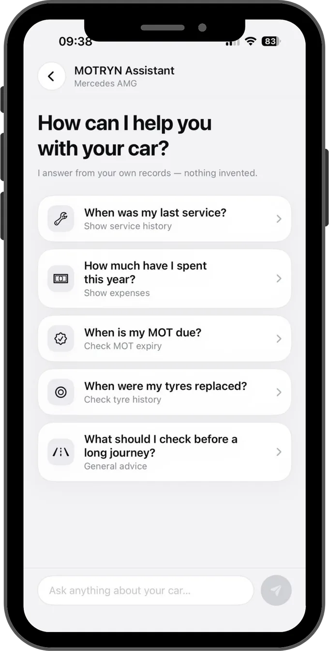 MOTRYN Assistant screen with suggested questions about service history, spending, MOT and tyres