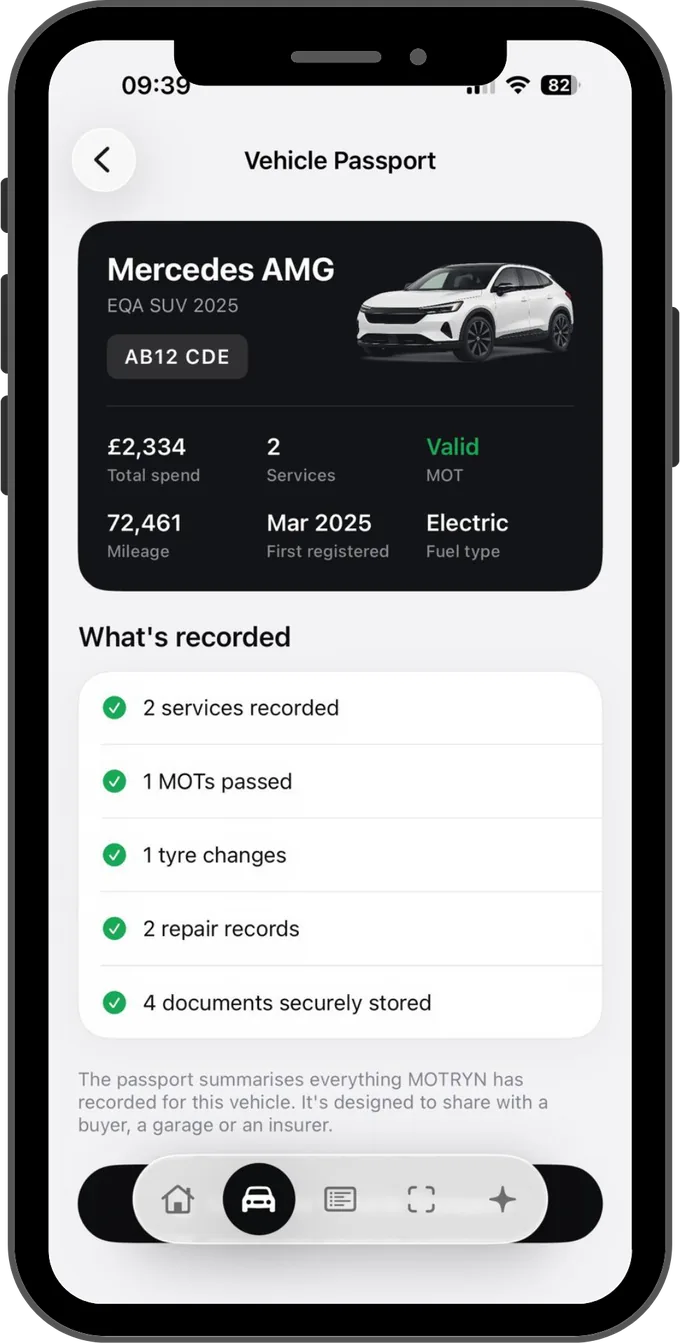 Vehicle Passport for a Mercedes AMG EQA showing total spend, services, MOT status and recorded history
