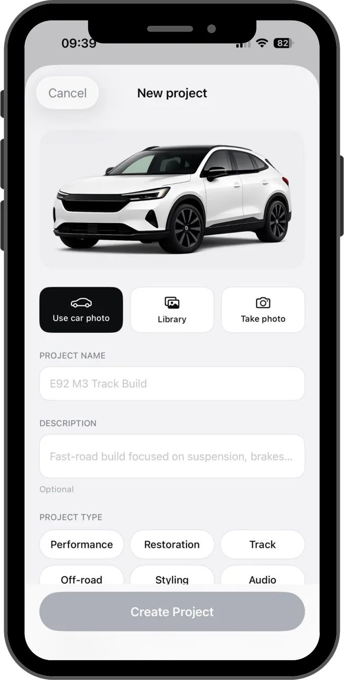 Project MOTRYN new project screen with a car photo, project name and project types