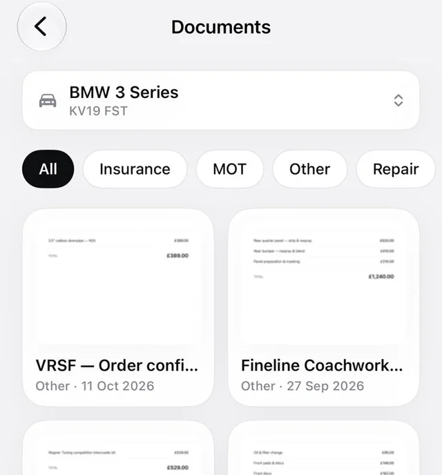Documents screen with invoices filtered by insurance, MOT, repair and other