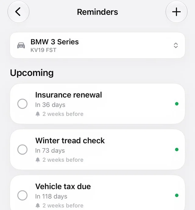 Reminders screen listing insurance renewal in 36 days, winter tread check and vehicle tax due