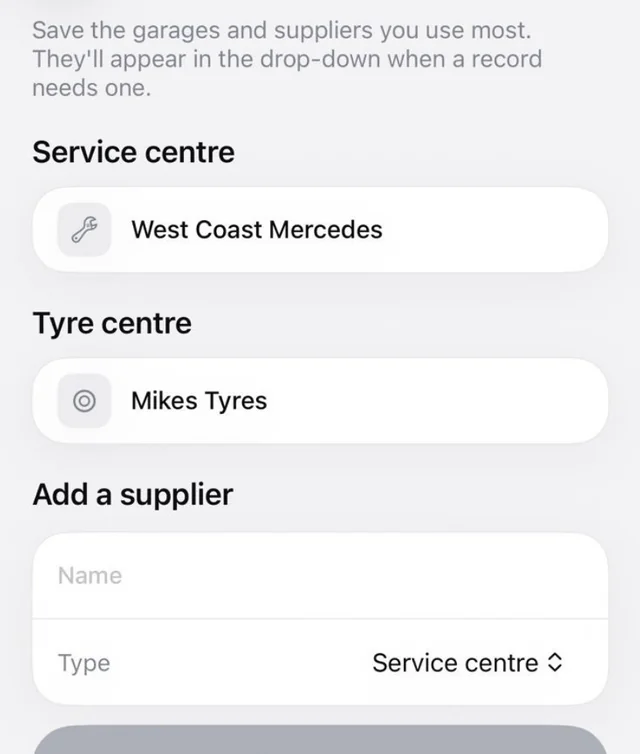 Default suppliers screen with a saved service centre and tyre centre