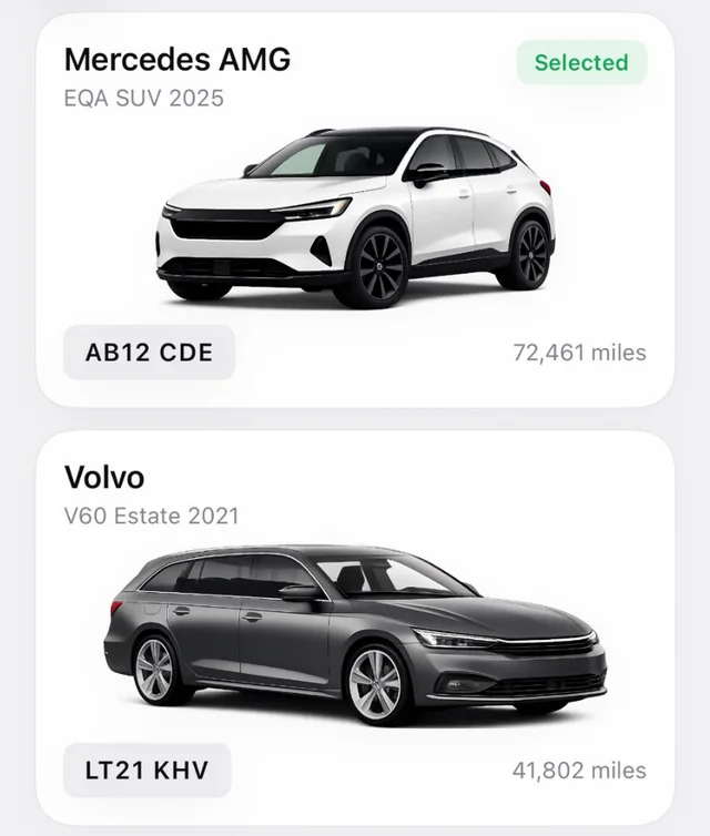 Vehicles screen with a Mercedes AMG and a Volvo V60 saved in the garage